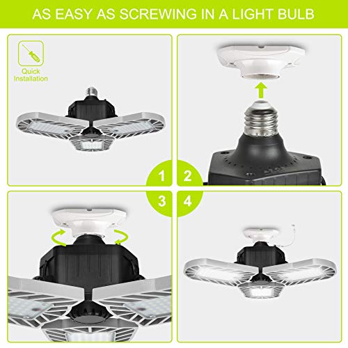 LED Garage Ceiling Lights Deformable LED Garage Lights, 60W 6000LM E26 Base Triple Glow, 6000K Ultra Bright Grey Garage Led Light, for Basement Workshop Warehouse, 2 Pack