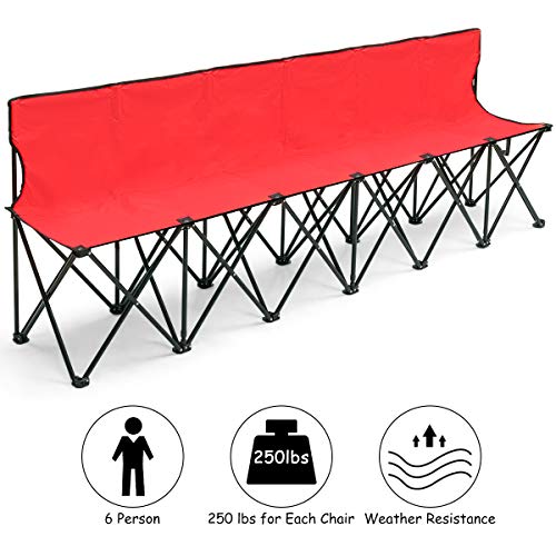 Giantex Portable Folding 6 Seats Chair Sideline Bench W/Seat Backs & Carry Bag Sports Team Camping (Red) - Thumbnail 4