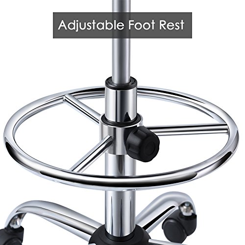 Drafting Stool with Adjustable Foot Rest, Superjare Rolling Chair w' Back Cushion, Black
