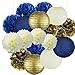 Cream Navy Blue Gold 8inch 10inch Tissue Paper Pom Pom Paper Flowers Paper Honeycomb Paper Lanterns for Navy Blue Themed Party,Party Decoration Bridal Shower Decor Baby Shower Decoration