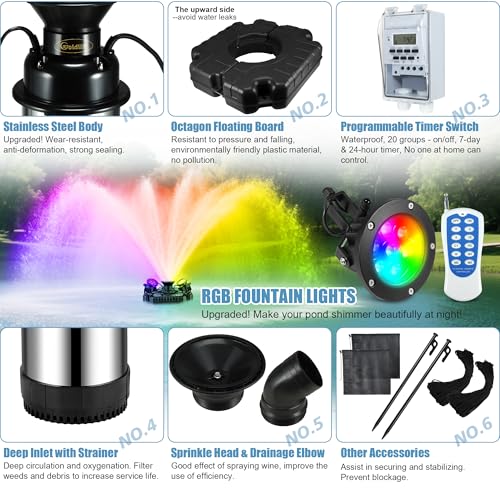 Goldlife Pond Fountain Aerator, F3 With 4 RGB Lights, 1HP 750W 110V Stainless Steel Floating Fountain With 100FT Power Cord Black Octagon Aerating Fountain Pump for Small Large Pond Lake Pool FishFarm