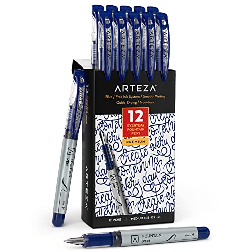 ARTEZA Disposable Fountain Pens, Pack of 12, Medium 0.9mm Nib, Smooth
