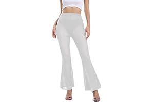 ZGMYC Women Rave Sheer Mesh Shiny Pants Flared High Waist Bell Bottom Pants for Party Dance Festival