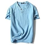 VANCOOG Mens Short Sleeve Henley V-Neck Linen and Cotton t-Shirt with Button (Large, Sky Blue)