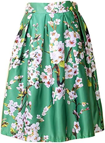 Women Girls Sakura Print Stretchy Flared Pleated Casual Skirt(Green)