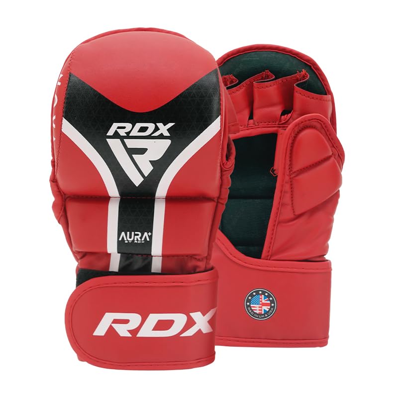 RDX Grappling Gloves MMA Shooter T17 – Maya Hide Leather Kalix Skin, IMF Foam, EVA-Lution Padding, Padded Thumb, Quick-EZ Strap, Breathable Lining – Sparring & Training Gloves (Red, S)