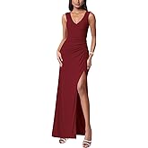 firfig Womens Formal Long Dress Mesh V Neck Sleeveless Ruched Slit Leg Cocktail Party Wedding Guest Maxi Dresses