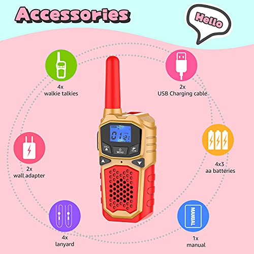 Kids Walkie Talkie 4 Pack, Rechargeable Walky Talky for Adutls Kids Family 2 Way Radio Walkie