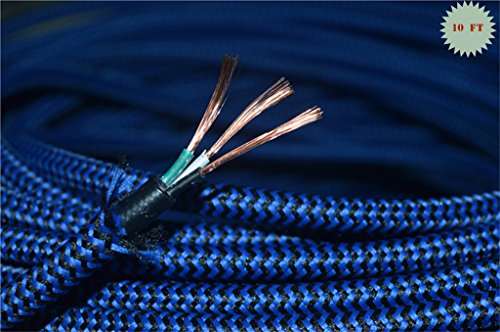 Royal Blue 10 ft 3-wire ZigZag Cloth Covered 3-Wire Round Cord. Vintage Lamps Lights, rayon UL Certificated