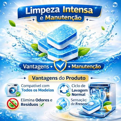 Kit 12 Pastilhas Premium para Limpeza de Máquina de Lavar, Remove Odor, Resíduos, Sujeiras, Higieniza e Dá Brilho no Cesto de Roupas