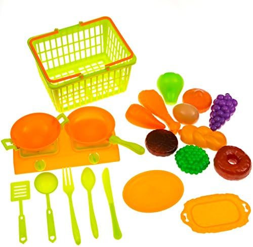 Pretend Play Food Toy Set for Kids - Shopping / Grocery Basket with Kitchen Stove & Appliances Toy Accessories Playset ( BPA FREE )