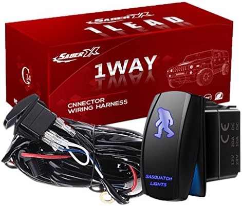 SABER X 1 Lead LED Offroad Light Bar Wiring Harness Kit 14 Gauge, SPDT Fuse 40Amp/12V Relay "Sasquatch" Laser Rocker Switch Blue (12FT) Fit Chev Chevy cj Freestyle Dodge Ram Driving Lights