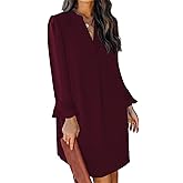 QACOHU Fall Dresses for Women 2026 Casual V Neck Long Sleeves Flowy Mini Tunic Dress