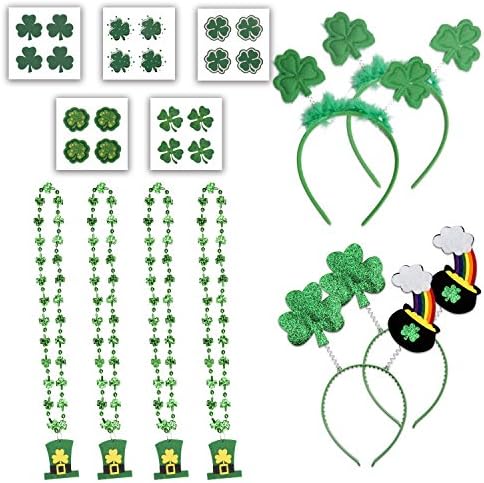 St. Patrick's Day Accessories Set Party Favor-St Patrick Shamrock Headband,Pot of Gold Head Bopper,Bead Necklace with Leprechaun Hat,Temporary Tattoos,28 Pcs for Costume Supplies Accessory Decoration