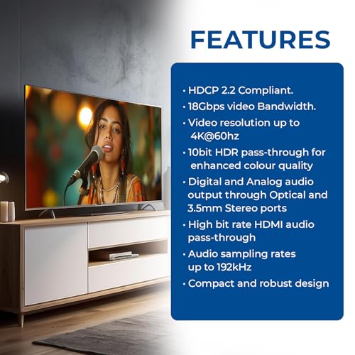Orei 4K Audio Extractor HDMI, UltraHD 4K @ 60Hz 18G HDMI 2.0 Audio Converter SPDIF + 3.5mm Output HDCP 2.2 - Dolby Digital/DTS Passthrough CEC, HDR, Dolby Vision, HDR10 Support (HDA-912)
