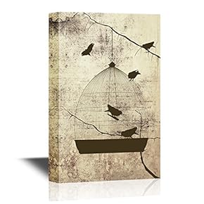 Canvas Wall Art - Birds and Bird Cage on Abstract Vintage Background - Gallery Wrap Modern Home Art | Ready to Hang - 12x18 inches