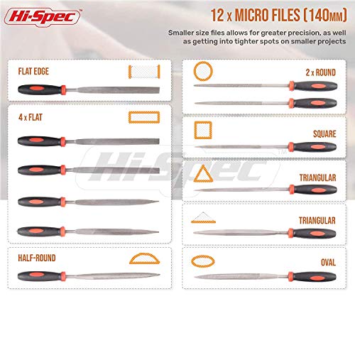 Hi-Spec 16 piece Carbon-Steel File Set with 200mm Flat, Half-round, Round, Triangle Files & 8 x Needle Files for Woodwork, Metal, Model & Hobby Applications