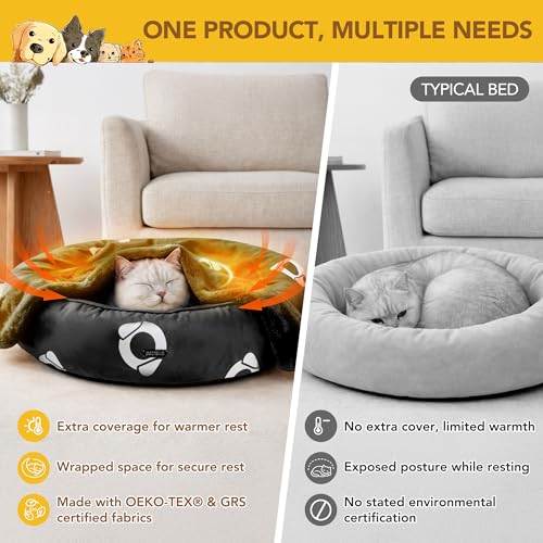 PETNOVO Cama para Perros y Gatos de Interior con Manta Integrada, Cama Desenfundable y Lavable con Base Antideslizante, Cama Suave y Envolvente para Perros y Gatos Pequeños y Medianos, 70 cm, Negro