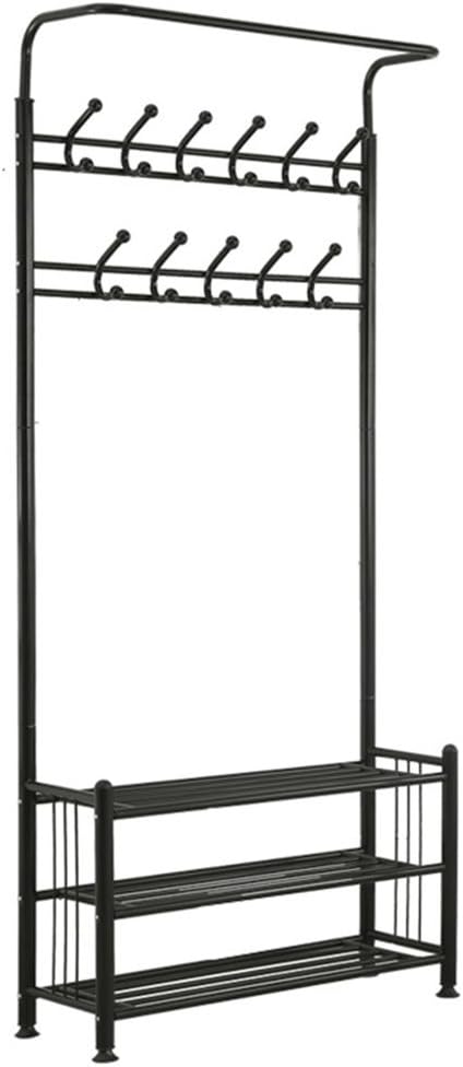 Three-tier shoe rack Two rows of hooks Floorstanding Coat rack Iron Household Simple and modern Wall hanging Shoe cabinet Multifunction combination bedroom living room Hangers ( Color : Black , Size : 80*30*185cm )