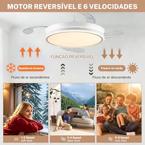 Ventilador de Teto Retrátil 42'' com Luz LED e Controle Remoto, Bivolt 110V/220V, Branco