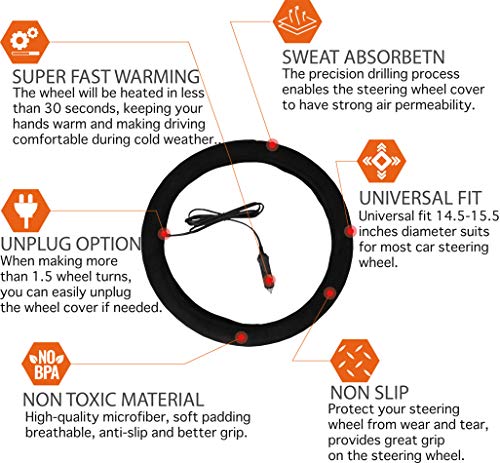 Zadin Heated Steering Wheel Cover,12V Universal Fit,Auto Steering Wheel Black Protector Cover with Heater,Premium Quality,Comfortable Feeling,Elegant Design - Thumbnail 3