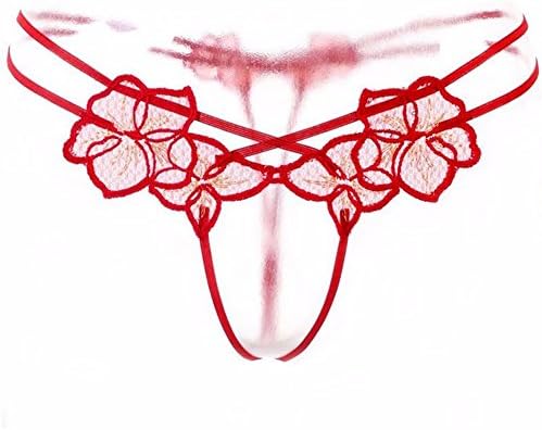 KRSD-Sexy pierced flowers embroidery open crotch thong women panties underwear,Red
