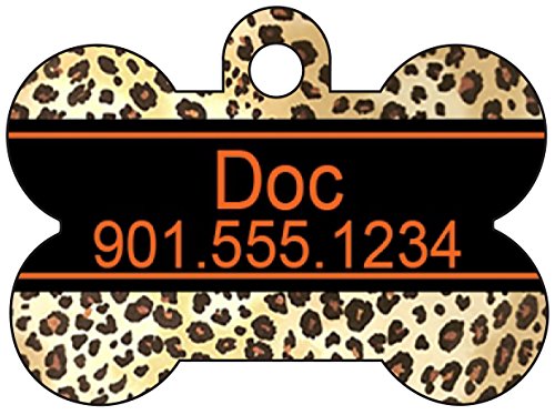 Animal Print Dog Tag Pet Id Tag Personalized w/ Name & Number Leopard Print Dog Bone (Orange)