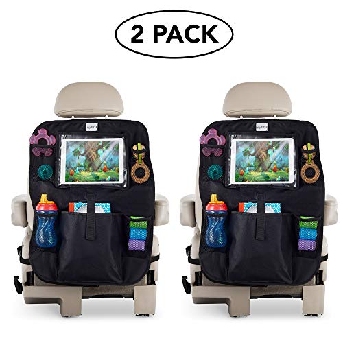 Autobull Multi-Pocket Back Seat Organizer 2-PACK with Clear iPad Tablet Pocket Kick Mat for Baby, Kids, Children and Road Trips