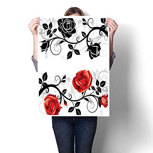 Canvas Painting Sticker,Black Abstract Backdrop Floral Rose Swirls Ivy with Leaves Spring Image Light Grey Oils,Print On Canvas for Wall Decor,28"W x 48"L(Frameless)