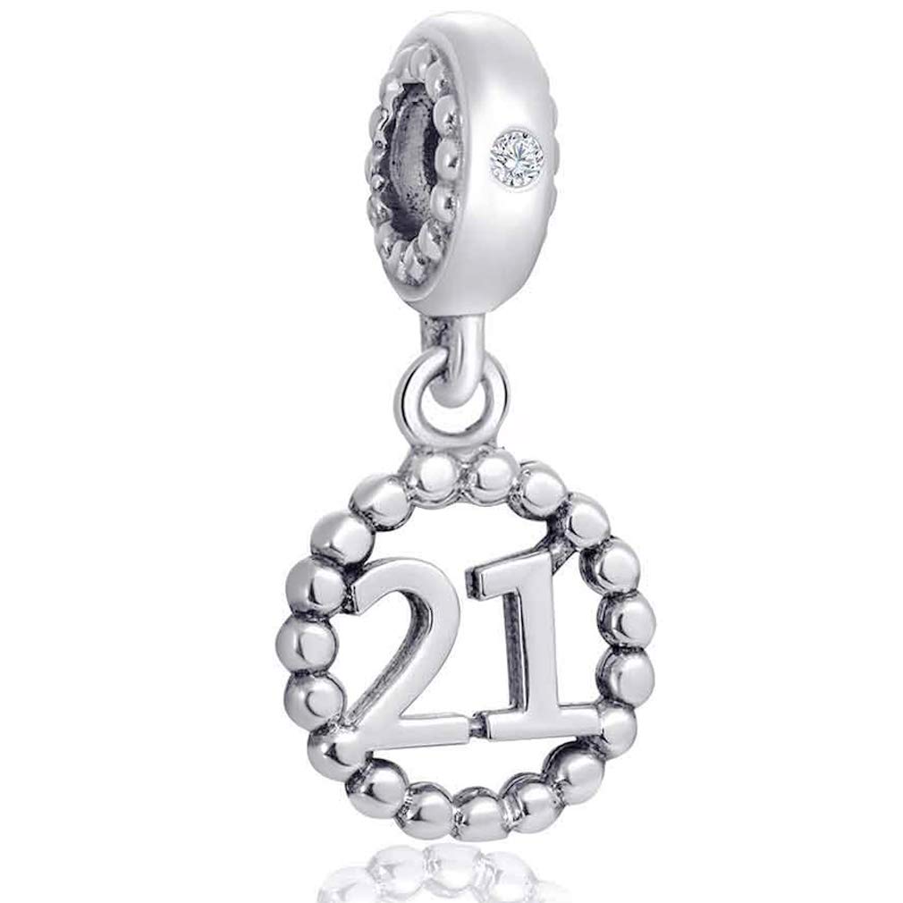 Number Bracelet Charms - 925 Sterling Silver Pendants/Beads Fit Pandora Charm Bracelets, Necklace, and European Snake Chain, Dangling/Dangle Charm for Birthday.(Number 21)