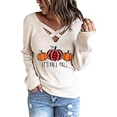 Criss Cross V Neck Top for Women Pumpkin It’s Fall Y’All Thanksgiving Long Sleeve Sweater Crew Neck Leopard Sweatshirt, XL