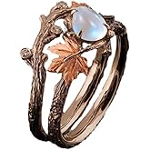 Hebelee Vintage CZ Mapel Leaf Branch Promise Ring for Women Antique Gold-Toned Moonstone Opal Teardrop Statement Layered Wrap Finger Rings Retro Wedding Engagement Party Jewelry Size 7