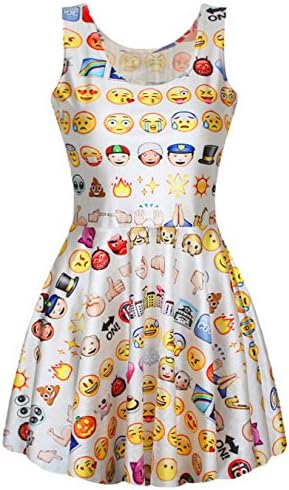 Xsen Emoji Cartoon Smiling Face Printed Digital Dresses Flare Pleated Dresses, White 3, size M