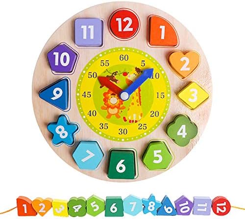 Wooden Shape Color Sorting Clock- Teaching Time Number Blocks Clock Shape Patterns Sorting and Animal Puzzle Montessori Early Learning Educational Toy Gift for 1 2 3 Year Old Toddler Baby Kids