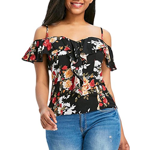 Click Here to See More Images NREALY Womens Fashion T-Shirt Floral Print Ruffle Cold Shoulder Blouse Tops Strap Camis(Black, Small)