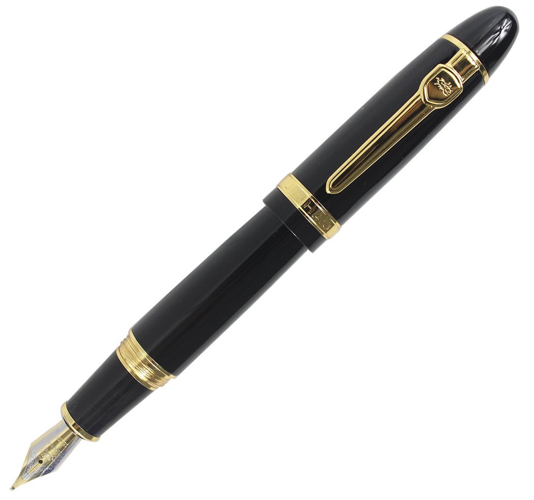 Abcsea Expert Deluxe Fountain Pen with Pen Pouch, Big Barrel - Black with Golden Trim