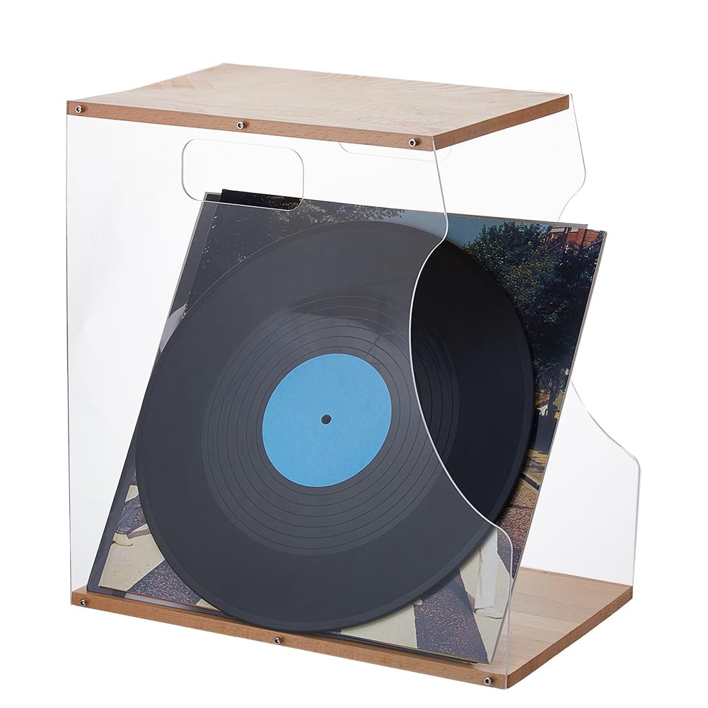 SUPERFINDINGS Acrylic Record Storage Holder Wood Vinyl Record Organizer Record Album Storage Crate CD Magazine Display Shelf with Wooden Board for Books Magzines Files