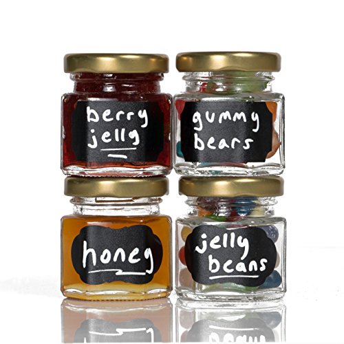 Hexagon Glass Jars by Nellam - 1.5oz, 12 Pack. Includes 24 Chalk Sticker Labels and 2x Chalk Pen. DIY Jars for Canning, Party Favors, Jams, Sauces, Herbs, Spices. (Gold Lid - 12 Pcs)