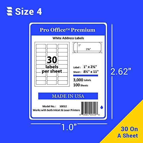 Pro Office Premium 3000 Self Adhesive Address Labels for Laser Printers and Ink Jet Printers, White, Made in USA, 1 x 2.62 Inches, Pack of 3000, Same Size As 08160 and Moree