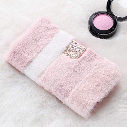 Lafunda For iPhone Xr Case Luxury Faux Fur Flip Case Super Soft Cover Cute Fluffy Furry Folio Shockproof Cover with Chic Bowknot Bling Crystal Love Heart Diamond Collage Pink
