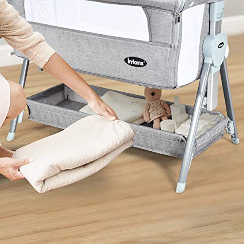INFANS Baby Bedside Crib, Newborn Sleeper w/ Large Storage Basket, Adjustable Heights