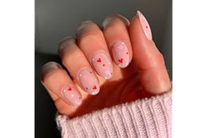 DULYORK Valentines Press On Nails Short Oval Fake Nails Pink Valentines Nails Press Ons Full Cover Heart False Nails With Designs Acrylic Nails Heart Glue On Nails Short Stick On Nails For Women