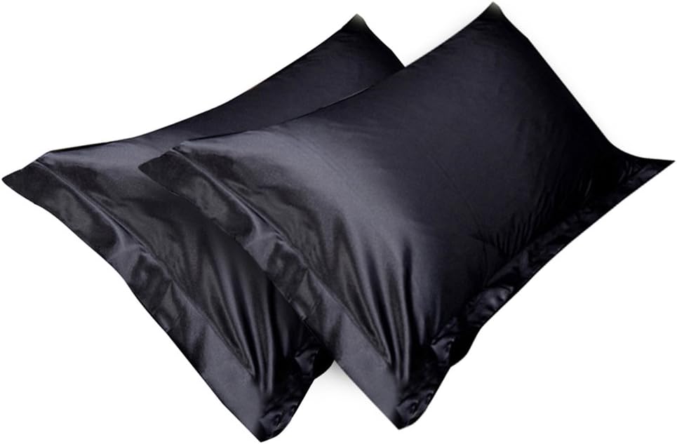 2Pcs Satin Silk Pillow Case Charmeuse Hypoallergenic Pillow Covers for Hair and skin 54*84cm (Black)