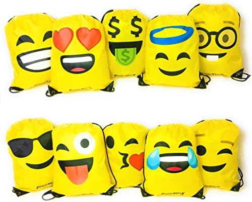 Emoji Bag for Kids, Drawstring Backpack for School, Party Favor, Set of 10 Bags