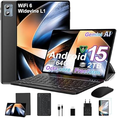 Tablet Android 15 Octa Core 2026 com 64GB RAOM +2TB TF Tablet 10 polegadas|5G + WiFi 2.4G | FHD | MSG | Bluetooth 5.0 | 8MP + 5MP | Tipo C, Tablet Tátil com Caixa, Teclado e Rato, Preto