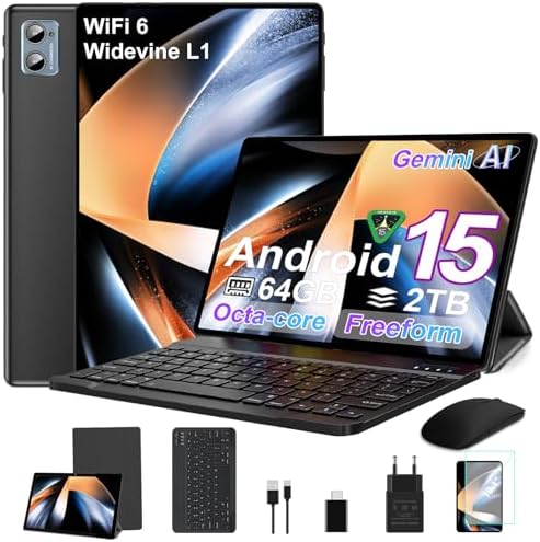 2026 Tablet Android 15 Octa Core con 64GB RAOM +2TB TF Tablet 10 Pulgadas|5G + 2.4G WiFi | FHD | GMS | Bluetooth 5.0 | 8MP + 5MP | Tipo C, Tablet táctil con funda, teclado y ratón, color negro