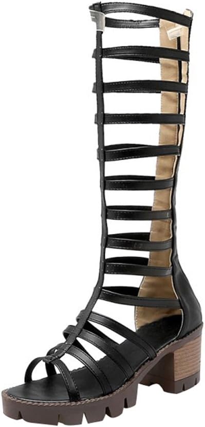 YOUJIA Womens Summer Platform Shoes Peep Toe Gladiator Boots Zip Knee High Sandals