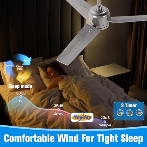 Newday Ceiling Fan, Silver and Wood, 48 Inch Ceiling Fan with Dimmable Light and Silent Remote Control, Reversible Ceiling Fan, 3 Ceiling Pales with 3 Timer 6 Speeds