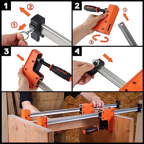 JORGENSEN Set of 2 Steel and Nylon Single Hand Clamps for Precise Fixing, Clamp Width 600 mm, Maximum Clamping Force 680 kg, Stretch Range up to 770 mm