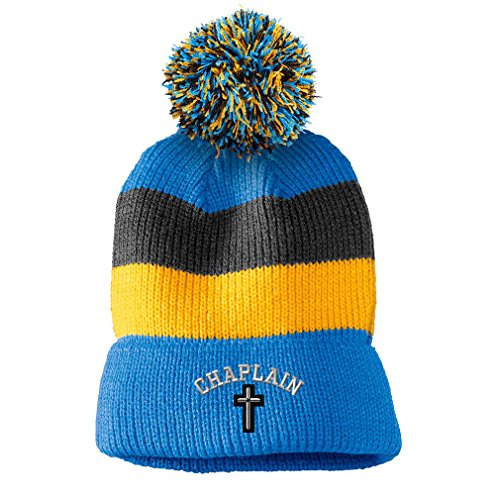 Cristian Chaplain Cross Embroidery Vintage Striped Beanie Removable Pom Pom Blue/black/yellow Stripes